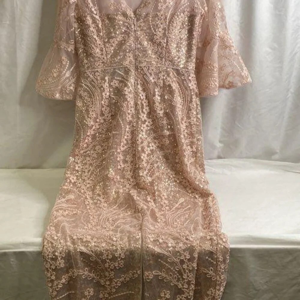 Wedding Guest Adrianna Papell Blush Sequin Lace Gown Size 6 Elegant Formal - Picture 8 of 9